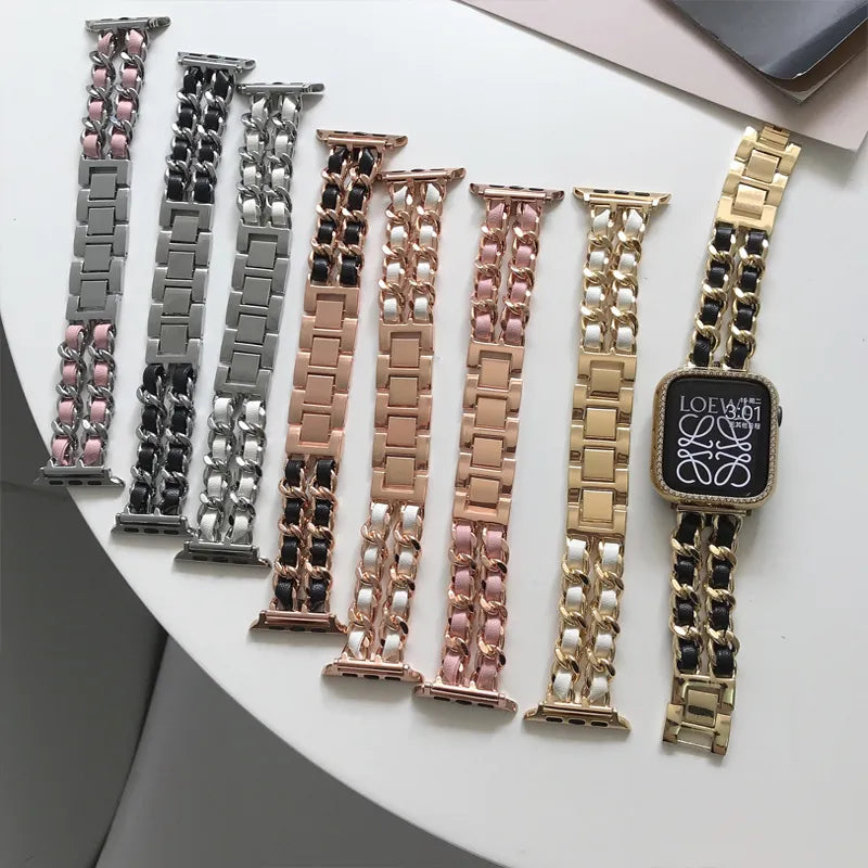 Luxury Metal Leather Strap For Apple Watch Band