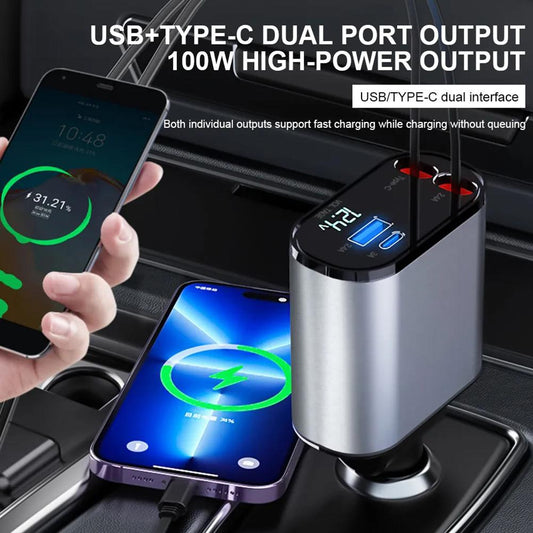 Retractable Car Charger Adapter Cord Cable Usb Type C 4 In 1